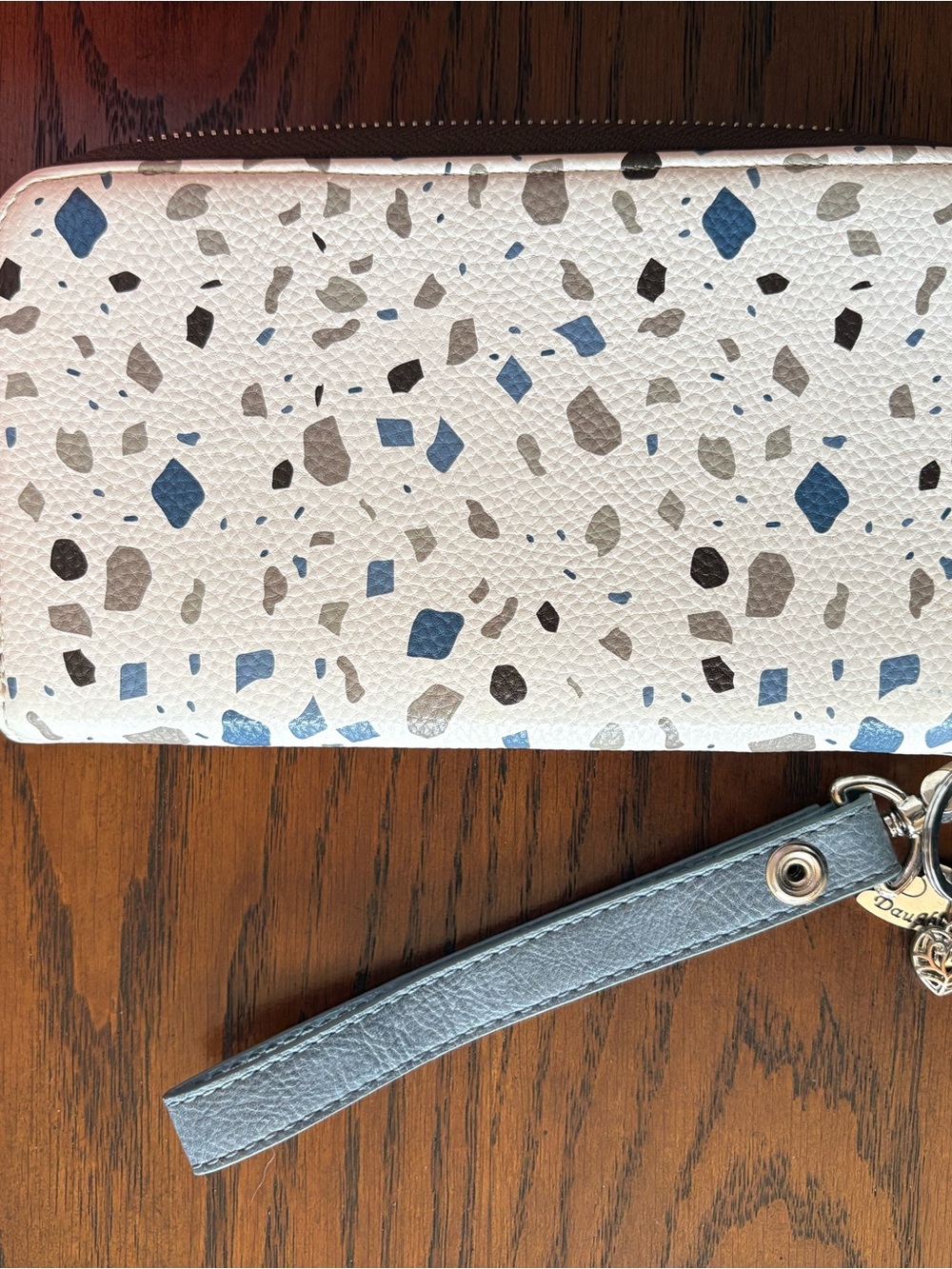 Thirty One White Terrazzo Print Wristlet Wallet with Blue Strap